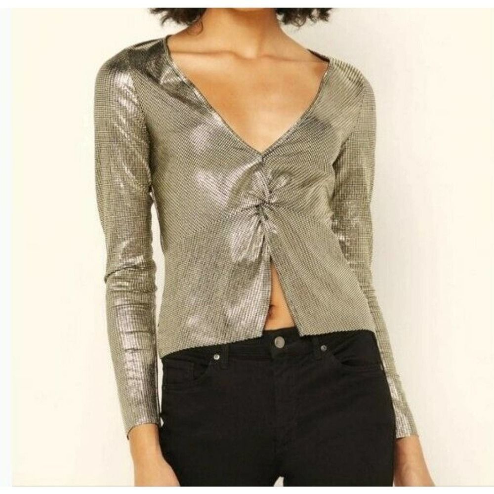 Topshop Women's Top Small 6 Cropped Gold Foil Blouse twist Knot V Neck NWT